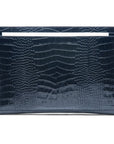 Zip top leather folder, navy croc, front view