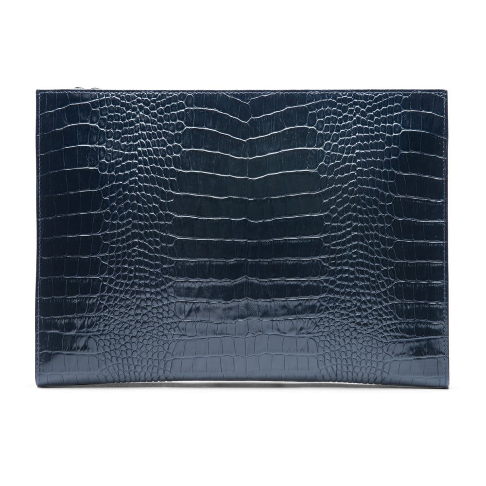 Zip top leather folder, navy croc, back view