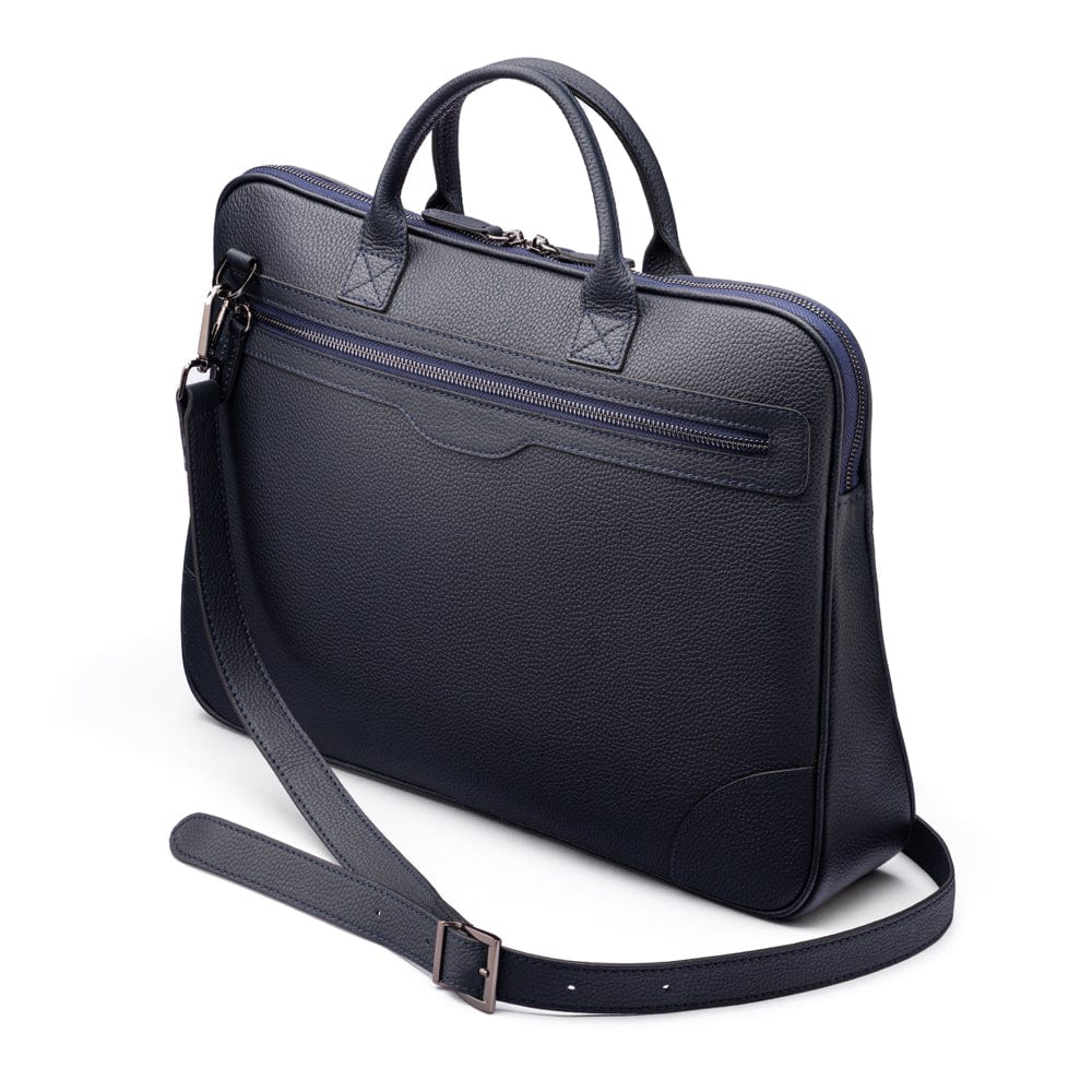 16"  slim leather laptop bag, navy, side view