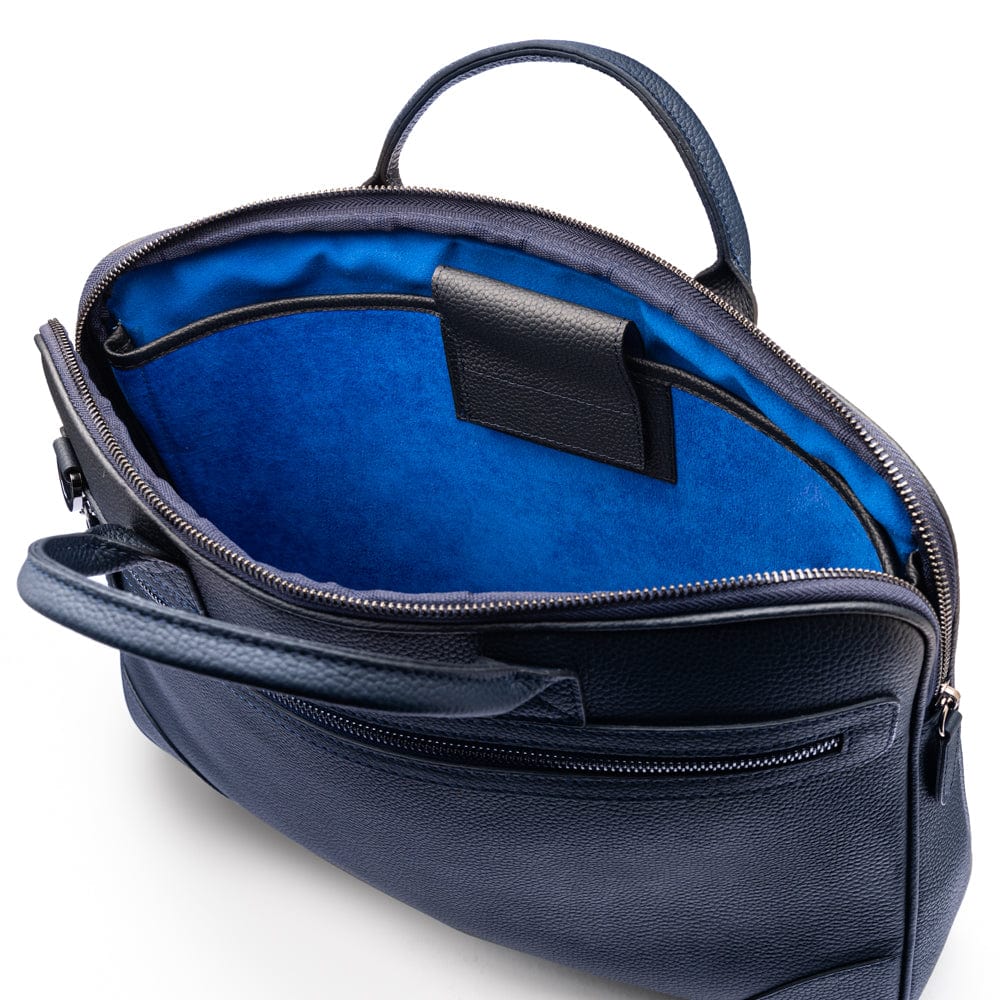 16"  slim leather laptop bag, navy, inside view