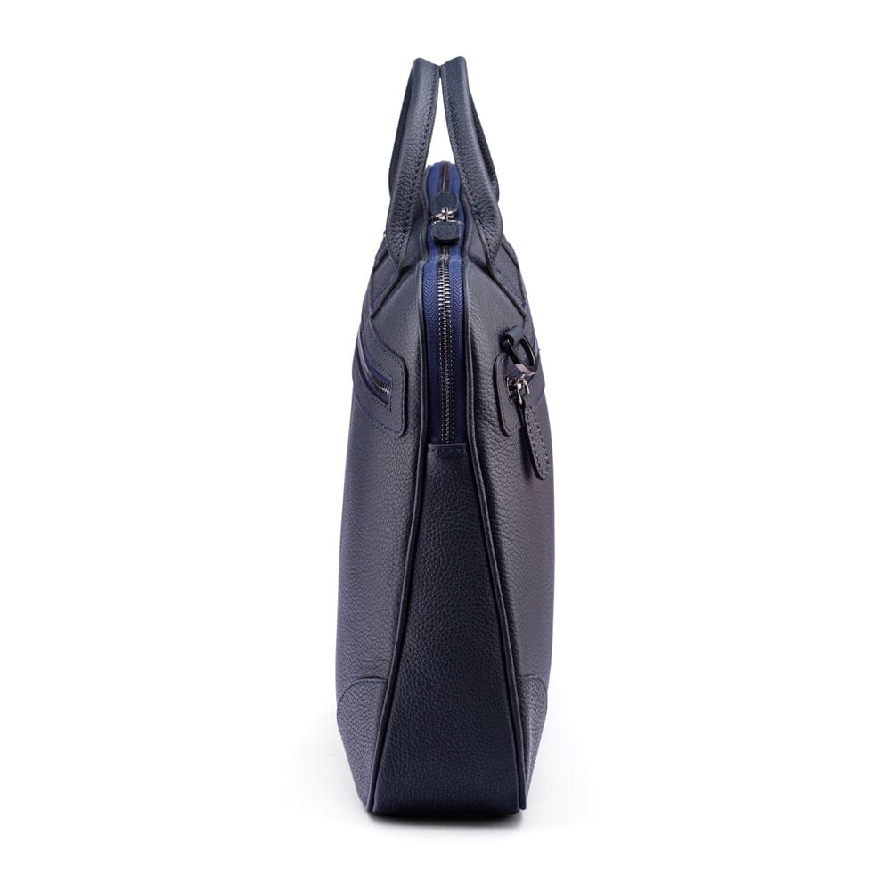 16"  slim leather laptop bag, navy, side trapeze  view