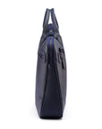 16"  slim leather laptop bag, navy, side trapeze  view