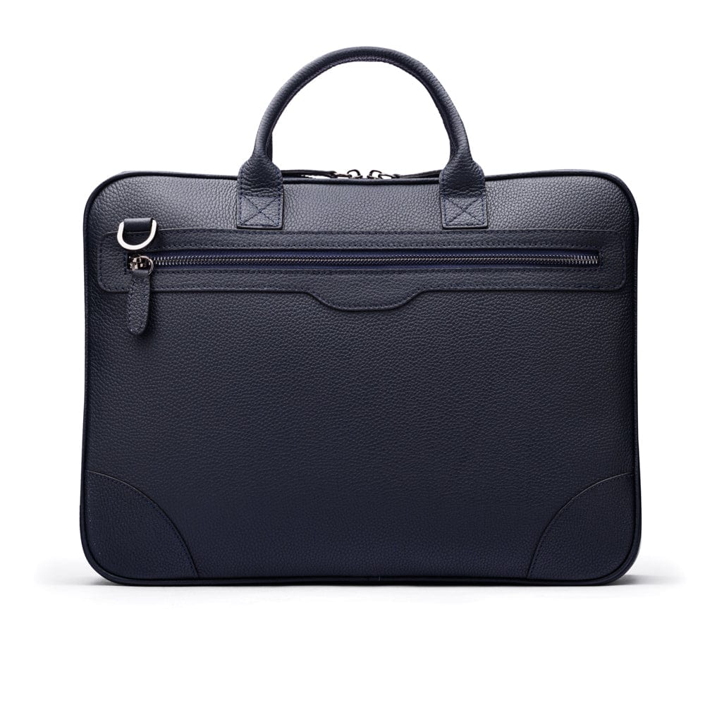 16"  slim leather laptop bag, navy, back view
