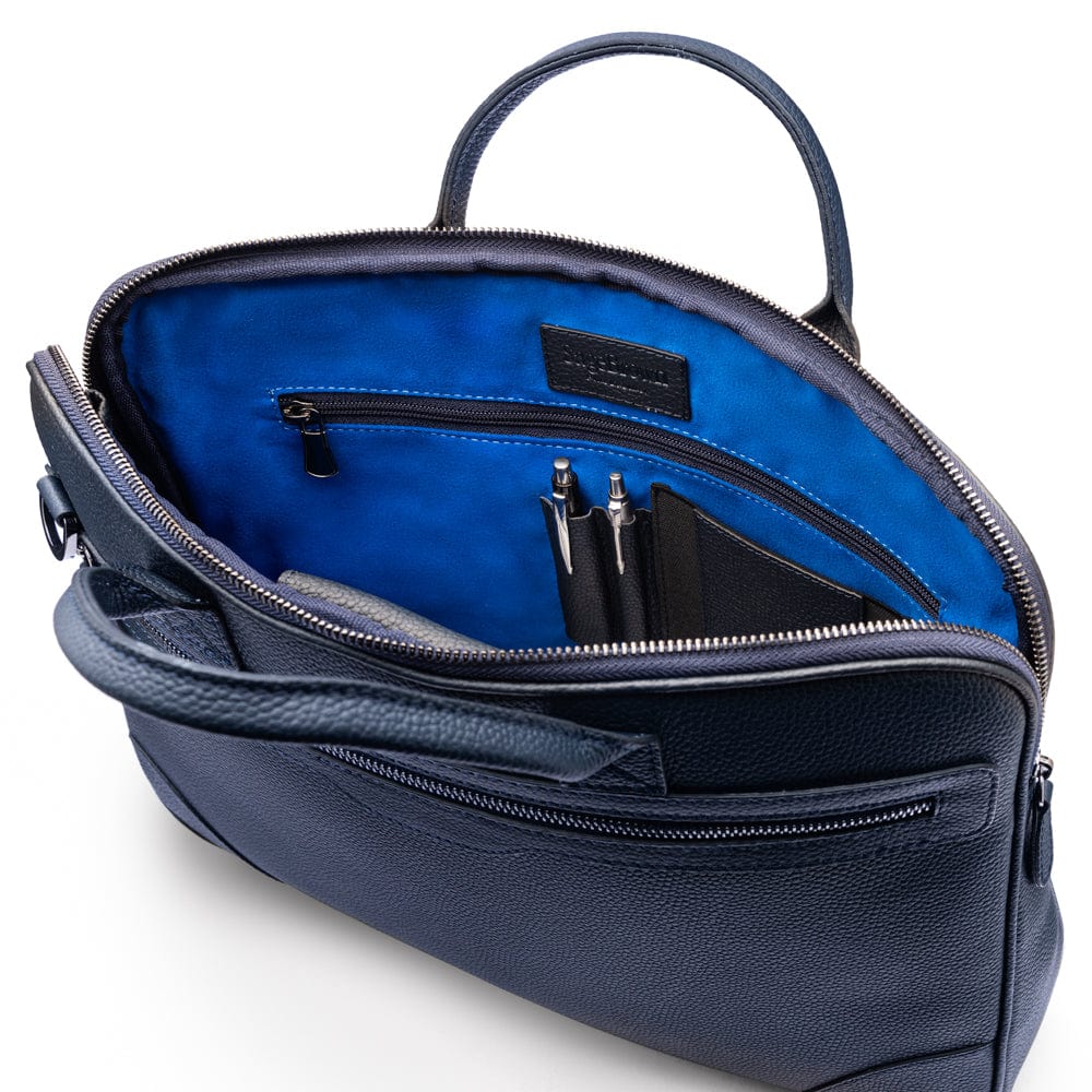 16"  slim leather laptop bag, navy, open view