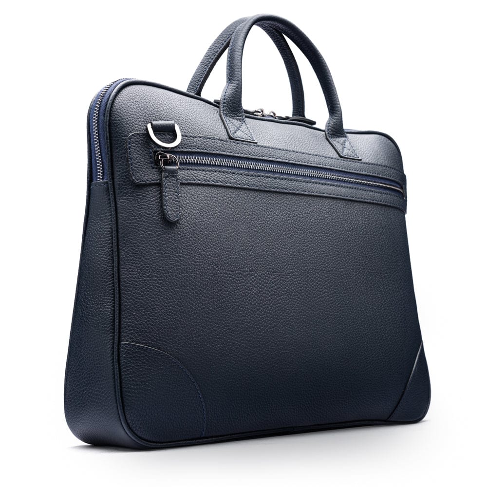 16"  slim leather laptop bag, navy, front view