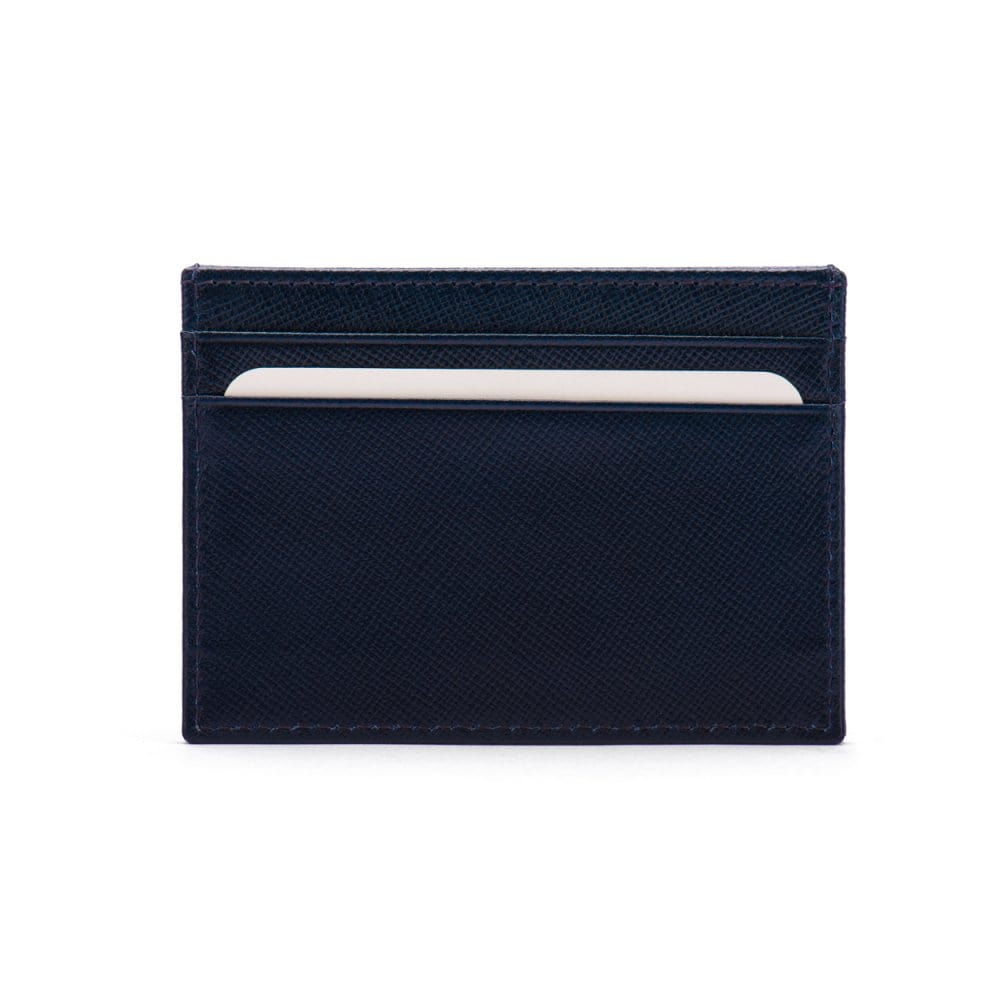 Flat leather credit card wallet 4 CC, navy saffiano, front