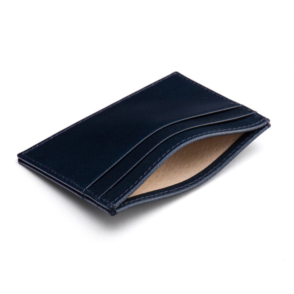Flat leather credit card wallet 4 CC, navy saffiano, inside