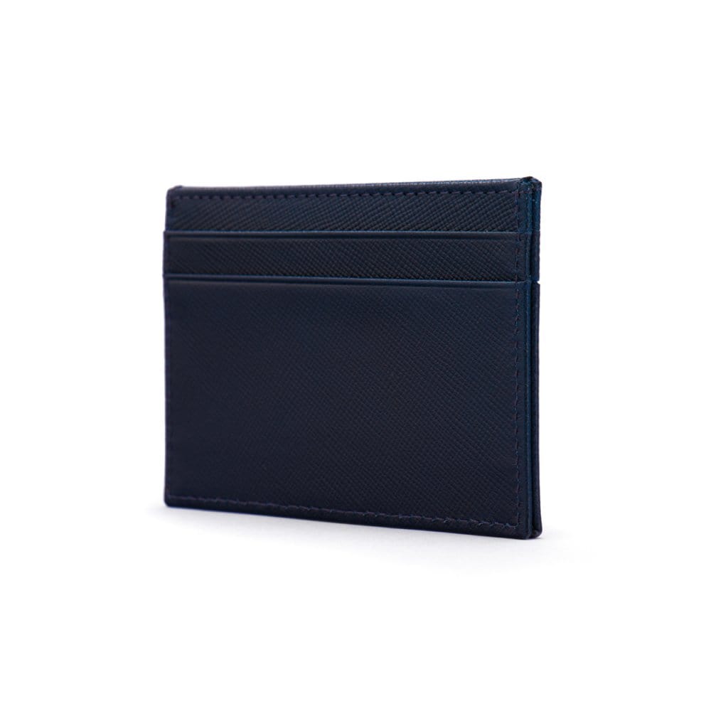 Flat leather credit card wallet 4 CC, navy saffiano, side