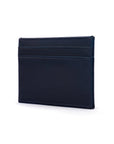 Flat leather credit card wallet 4 CC, navy saffiano, side