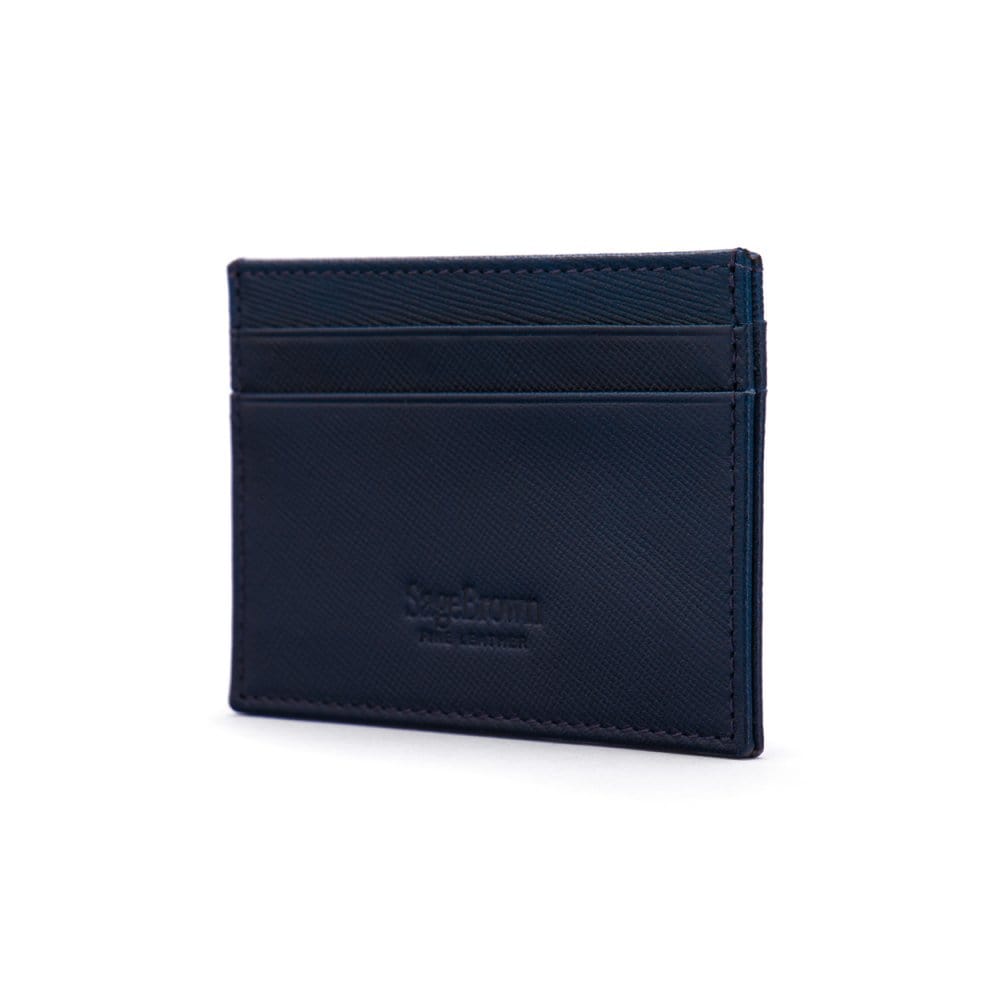 Flat leather credit card wallet 4 CC, navy saffiano, back