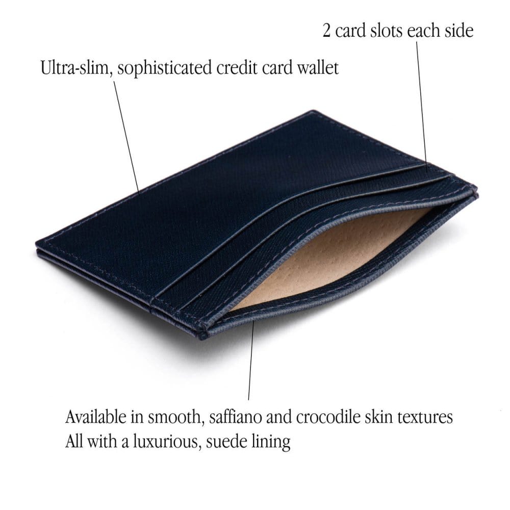 Flat leather credit card wallet 4 CC, navy saffiano, features