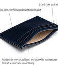 Flat leather credit card wallet 4 CC, navy saffiano, features