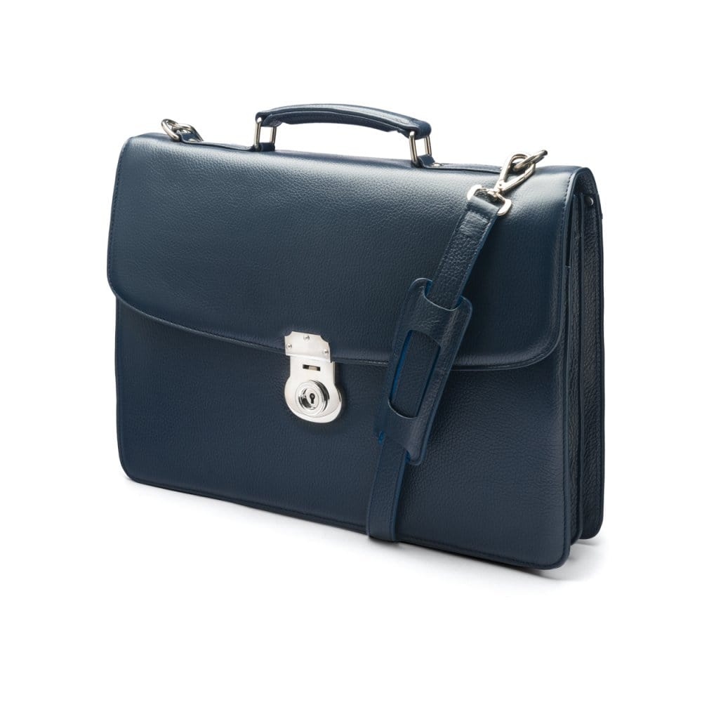 Leather briefcase with silver lock, Harvard, navy pebble grain, side