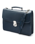 Leather briefcase with silver lock, Harvard, navy pebble grain, side