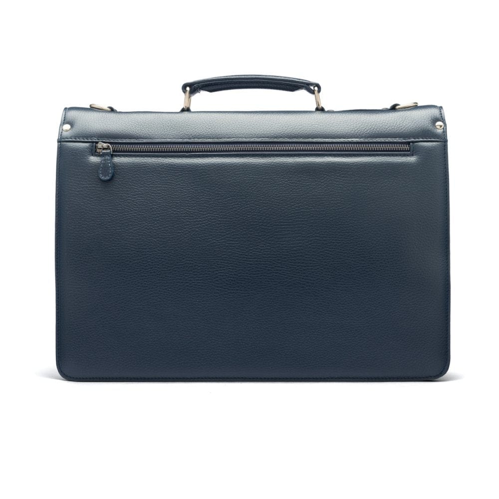 Leather briefcase with silver lock, Harvard, navy pebble grain, back