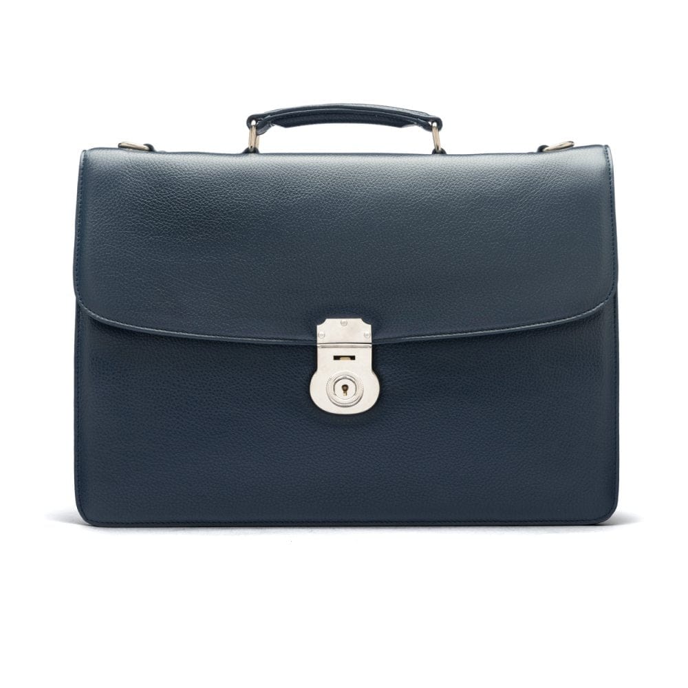 Leather briefcase with silver lock, Harvard, navy pebble grain, front