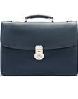 Leather briefcase with silver lock, Harvard, navy pebble grain, front