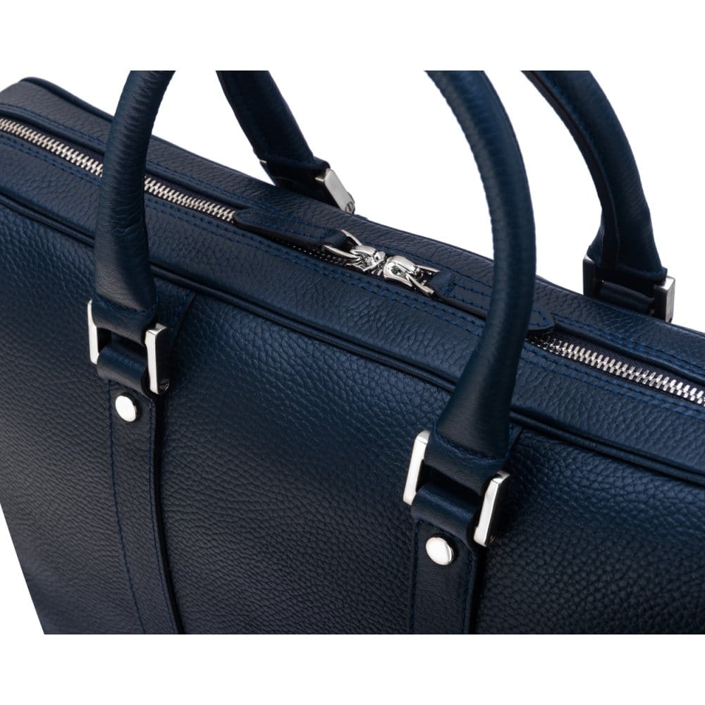 15" leather laptop bag, navy, zip closure