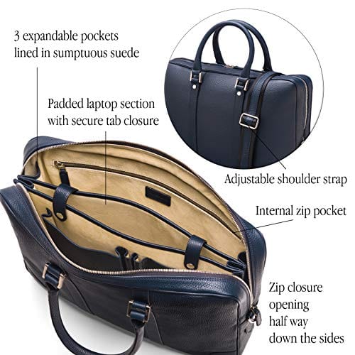 15" leather laptop bag, navy, features