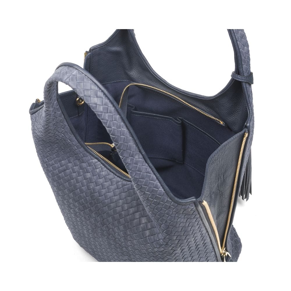 Large Woven Leather Bag - Navy