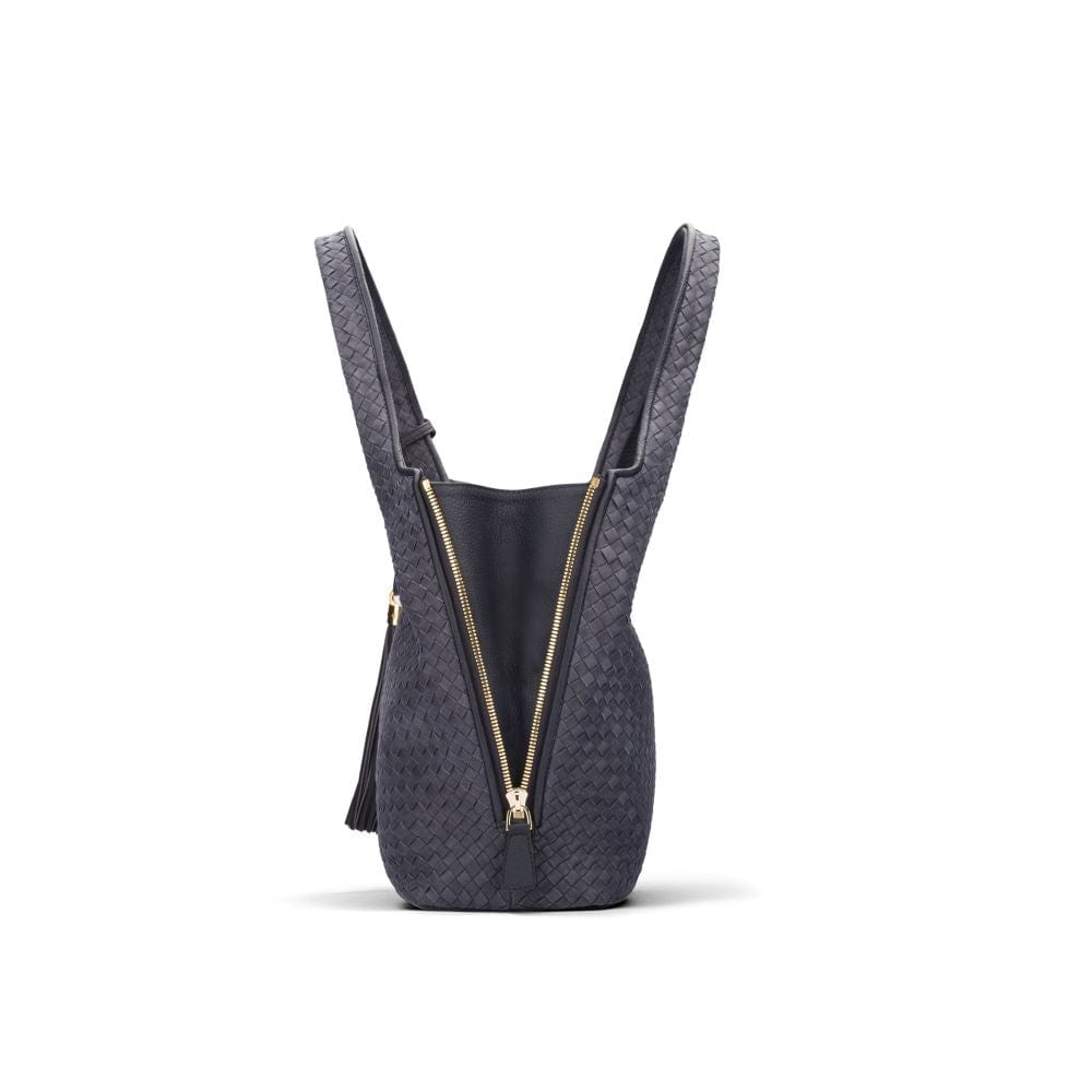 Large Woven Leather Bag - Navy