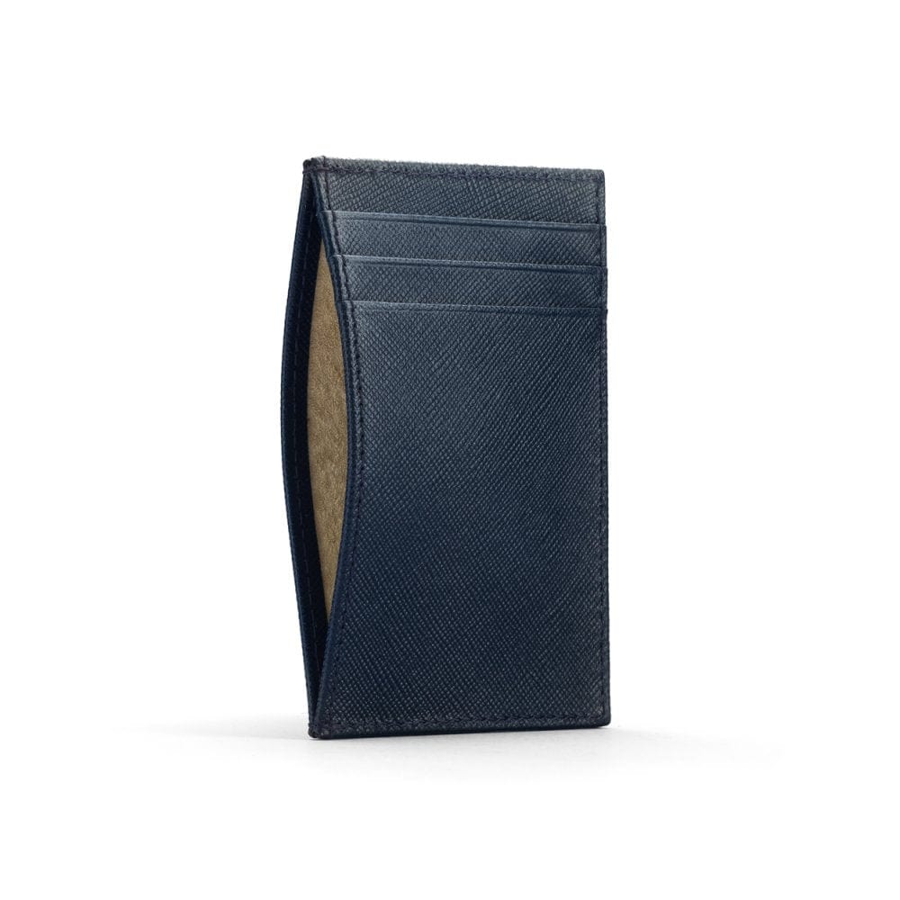 Flat leather credit card holder with middle pocket, 5 CC slots, navy saffiano, front