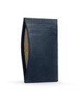 Flat leather credit card holder with middle pocket, 5 CC slots, navy saffiano, front