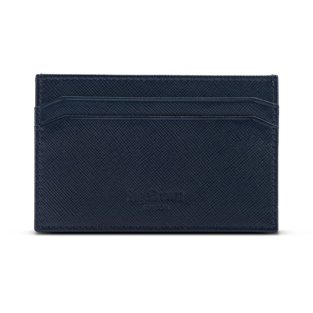 Flat leather credit card holder with middle pocket, 5 CC slots, navy saffiano, back
