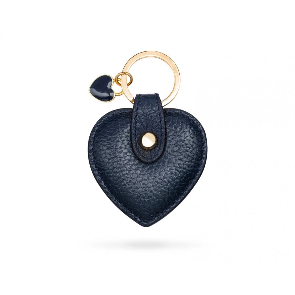 Leather heart shaped key ring, navy, front