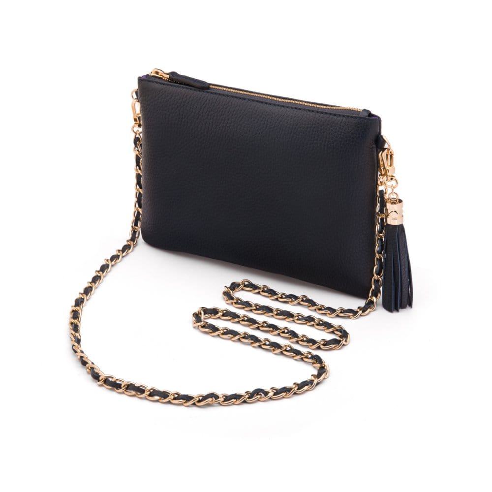 Leather cross body bag with chain strap, navy