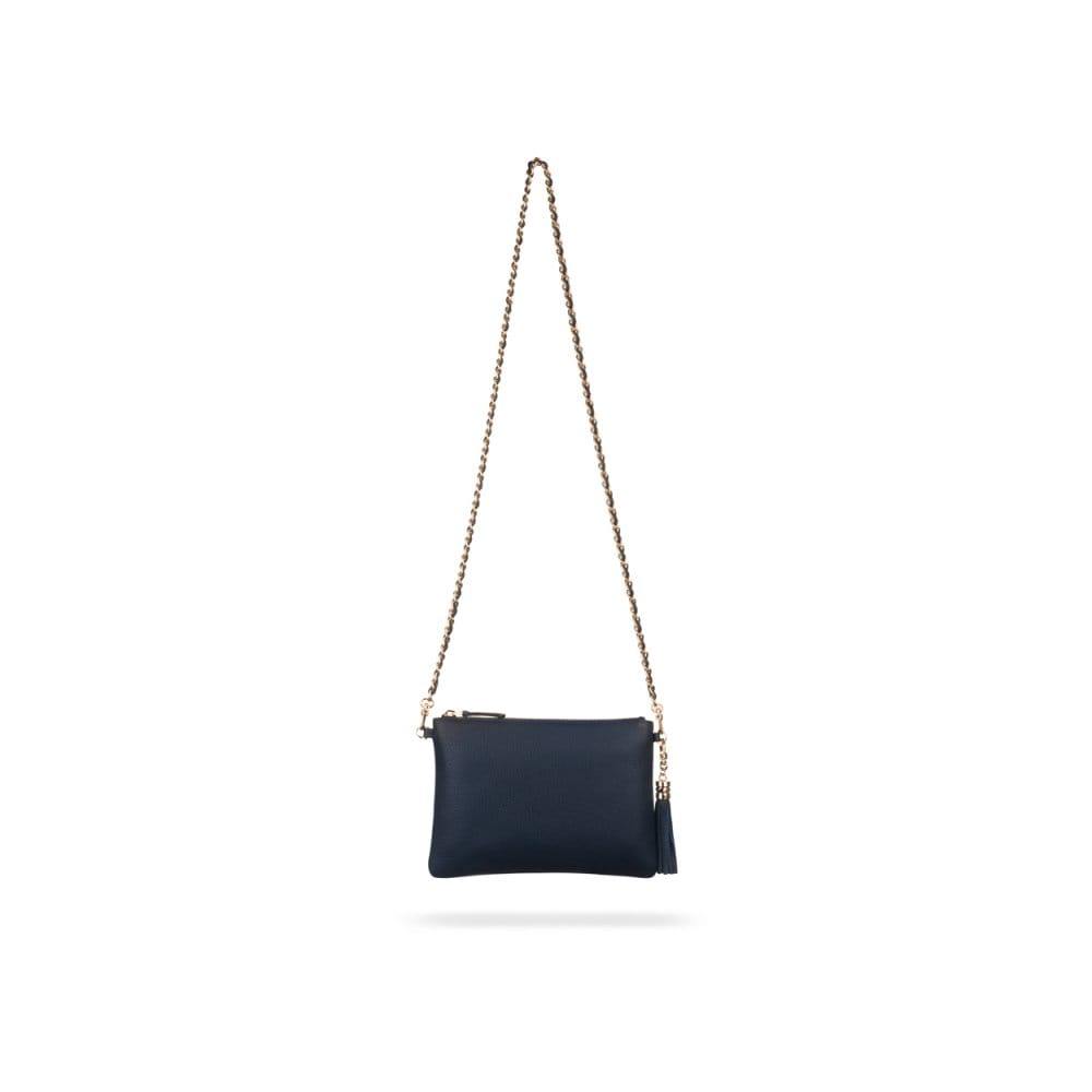 Leather cross body bag with chain strap, navy, front