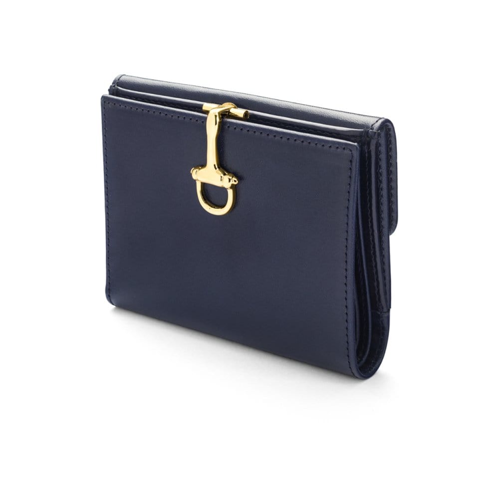 Leather purse with brass clasp, navy, front view