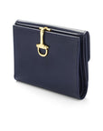 Leather purse with brass clasp, navy, front view