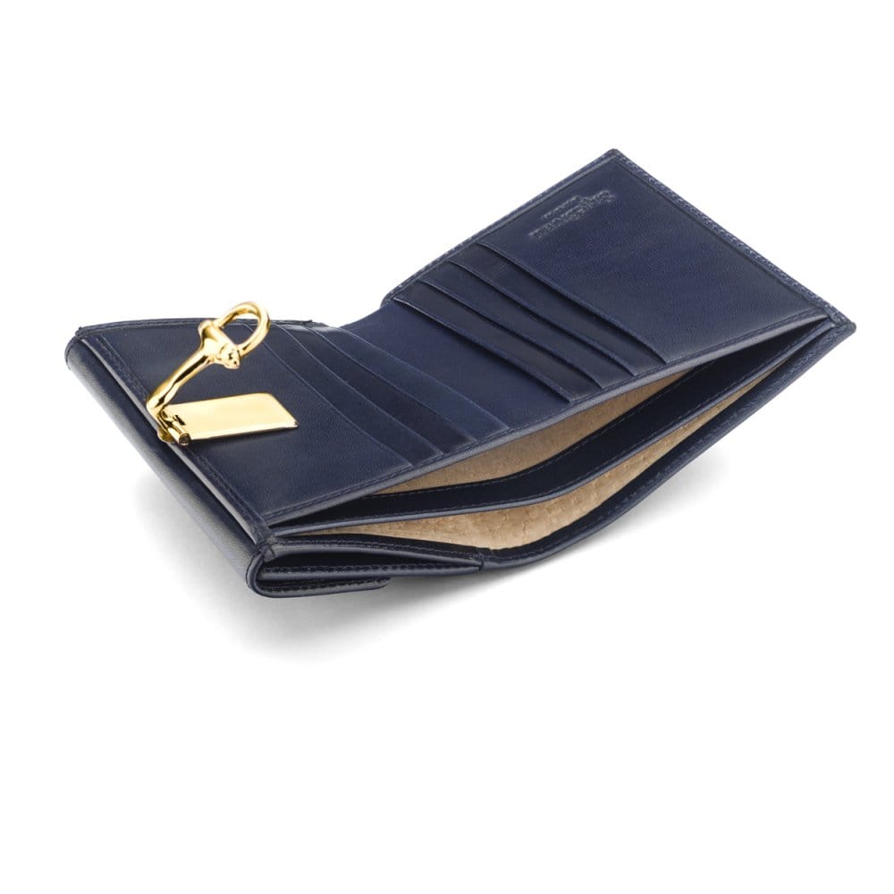 Leather purse with brass clasp, navy, inside
