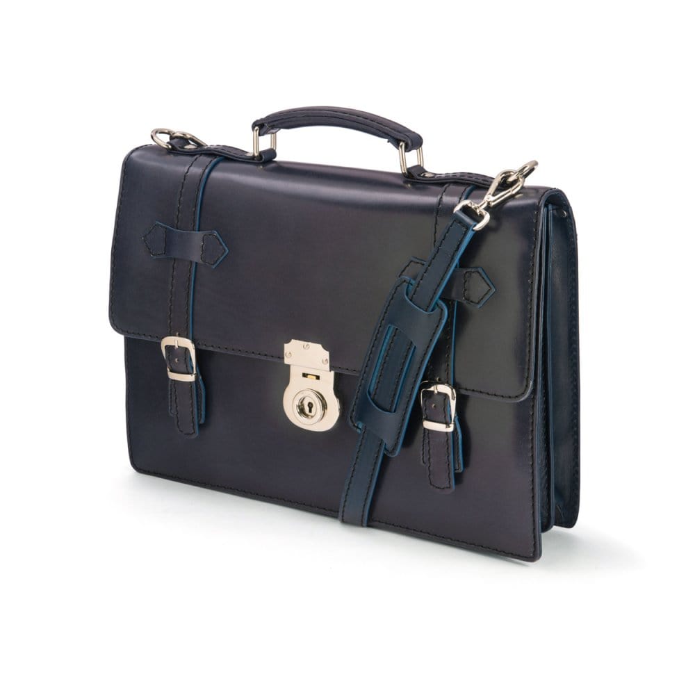 Leather Cambridge satchel briefcase with silver brass lock, navy, side