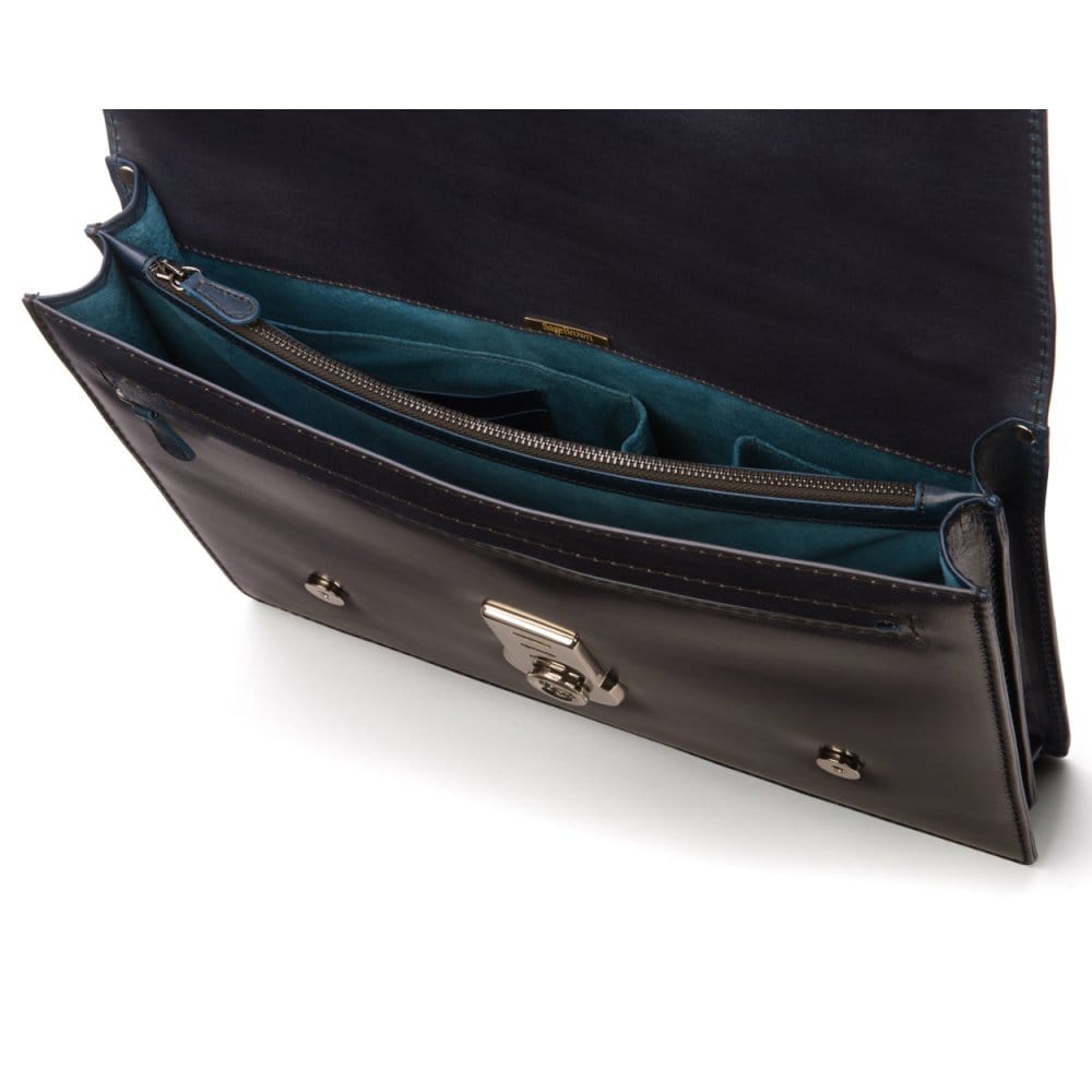 Leather Cambridge satchel briefcase with silver brass lock, navy, inside