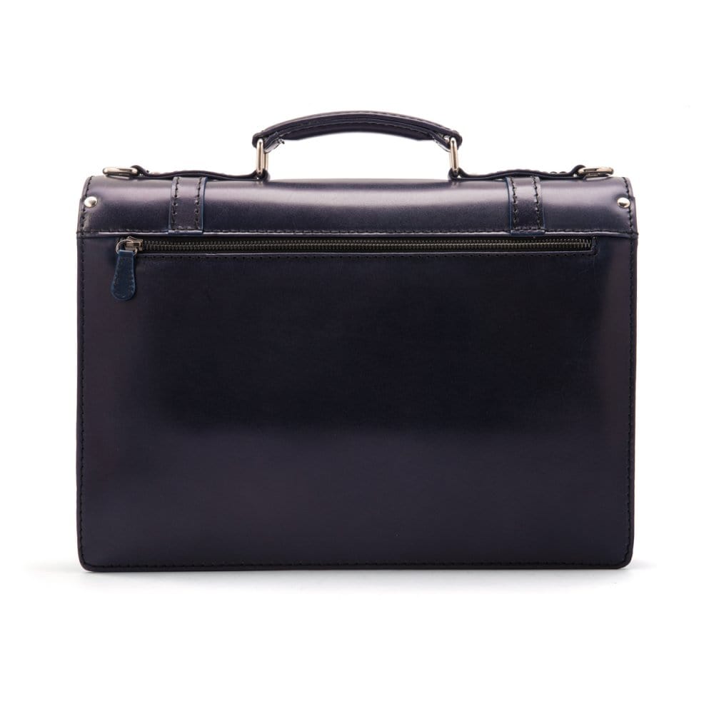 Leather Cambridge satchel briefcase with silver brass lock, navy, back