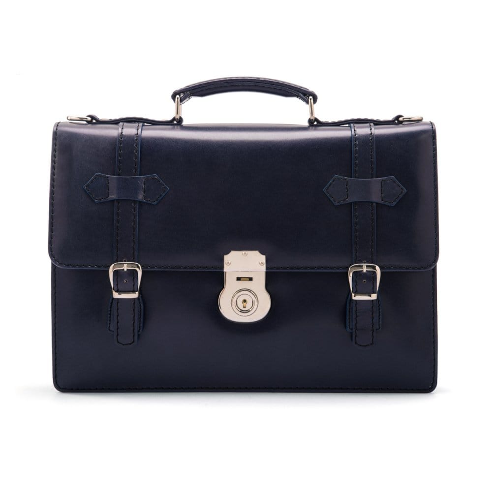 Leather Cambridge satchel briefcase with silver brass lock, navy, front
