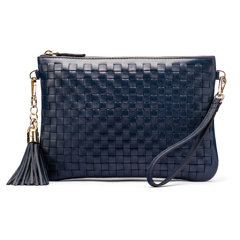 Leather woven cross body bag, navy, front view