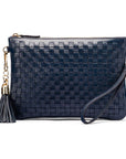 Leather woven cross body bag, navy, front view