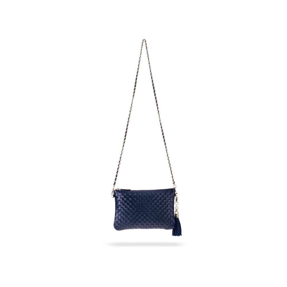 Leather woven cross body bag, navy, with long strap