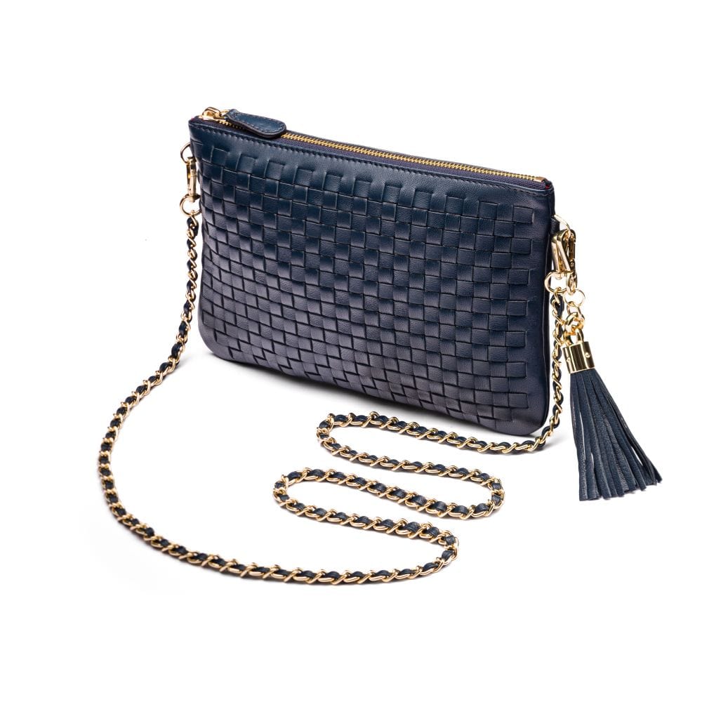 Leather woven cross body bag, navy, with long chain strap
