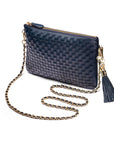 Leather woven cross body bag, navy, with long chain strap