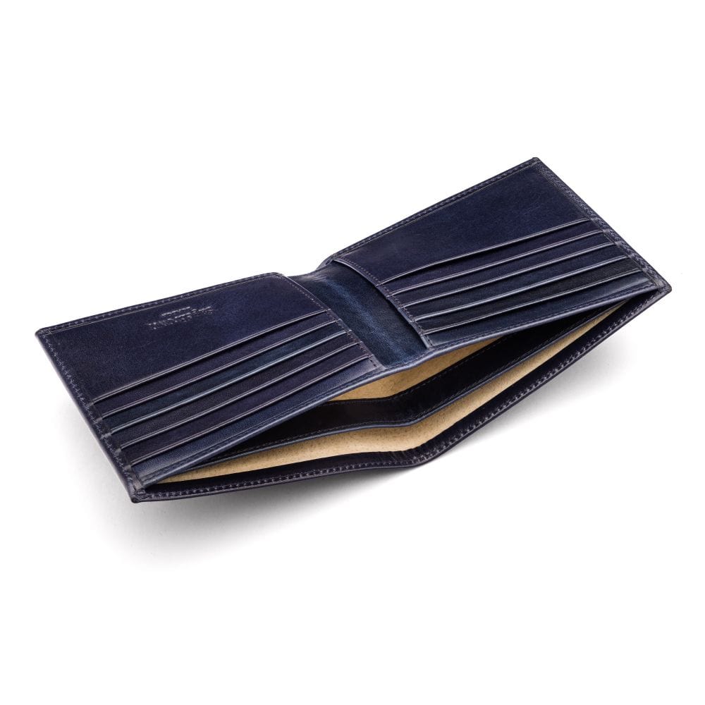 Men's leather billfold wallet, navy, inside