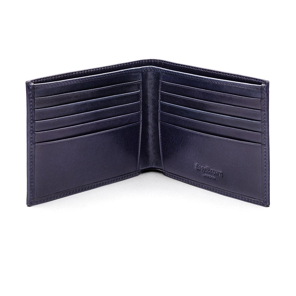 Men's leather billfold wallet, navy, open