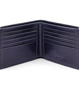 Men's leather billfold wallet, navy, open