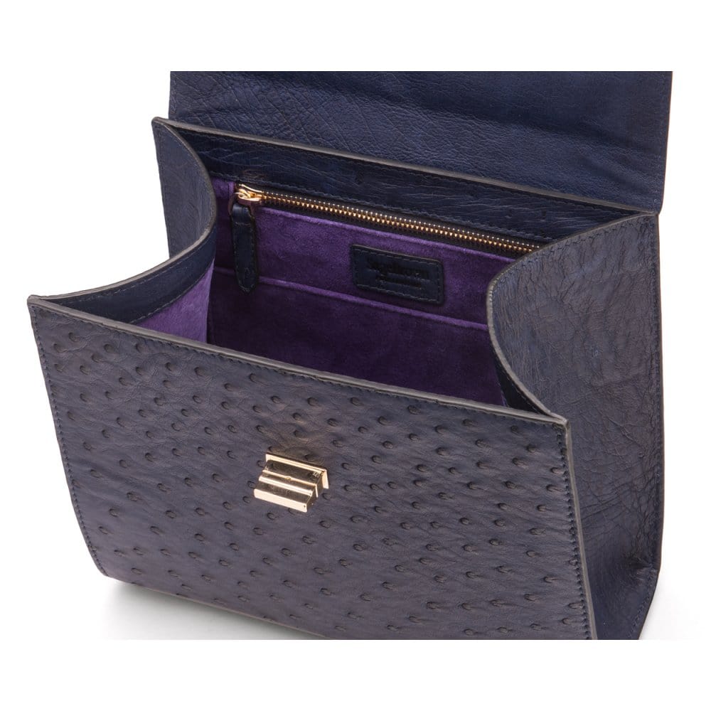 Real ostrich top handle bag, navy, inside view