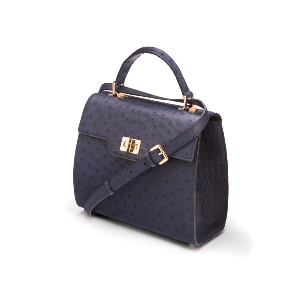Real ostrich top handle bag, navy, side view
