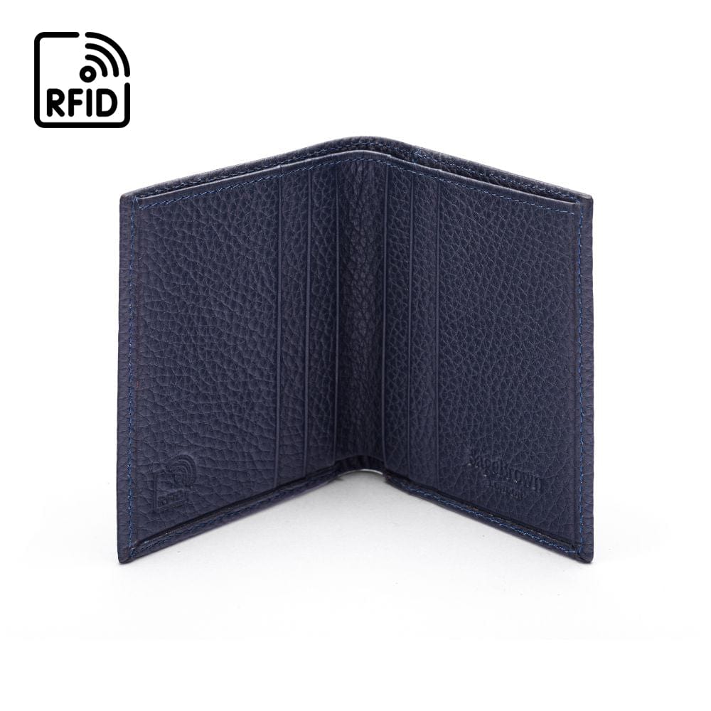 RFID leather wallet with 4 CC, navy, open