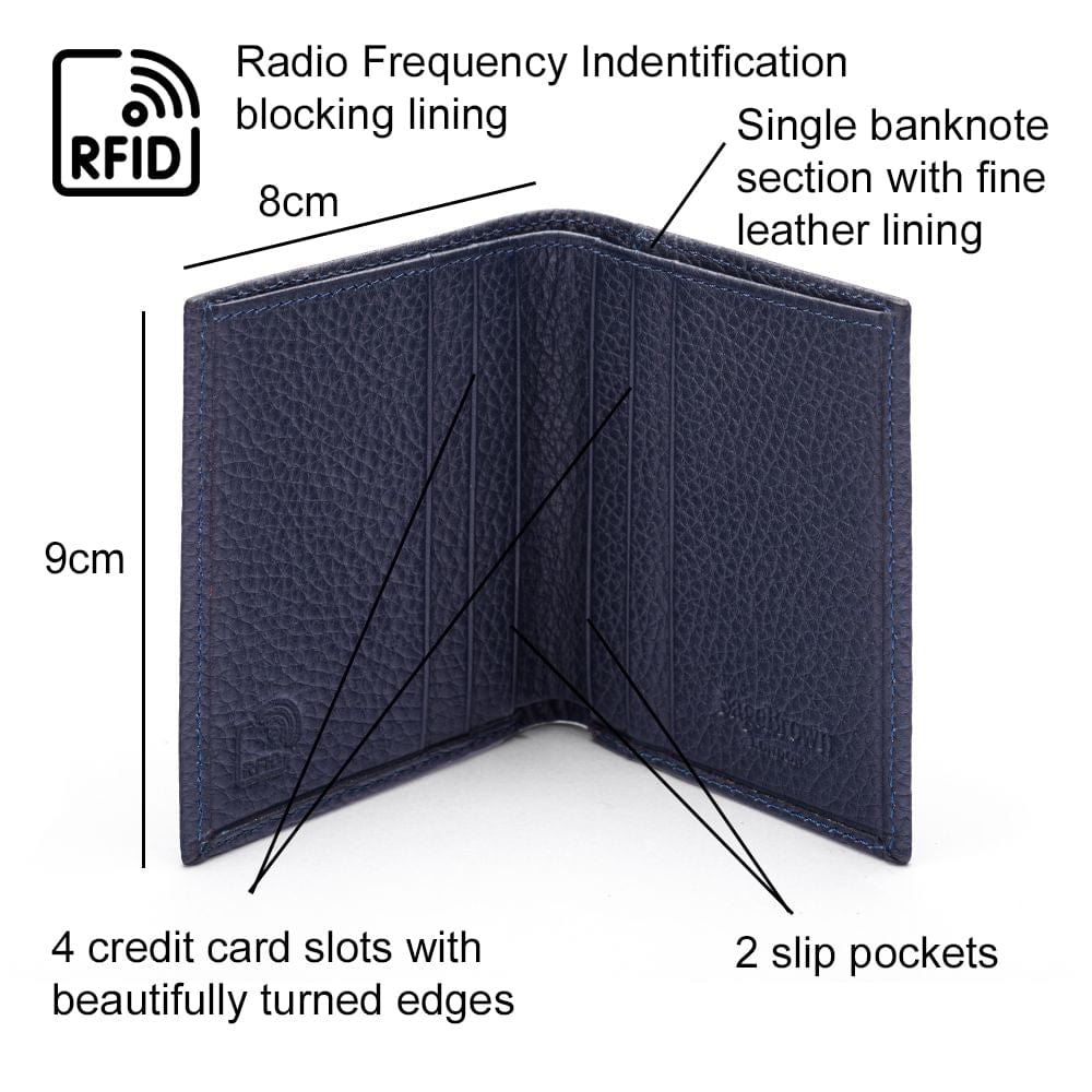 RFID leather wallet with 4 CC, navy, features